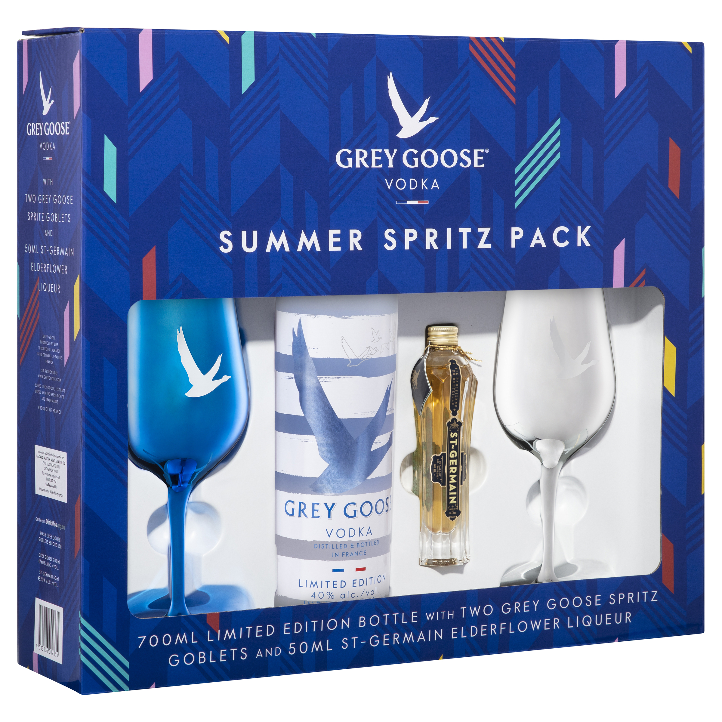 Grey Goose Limited Edition Large Spritz Pack
Contains 2x Acrylic Goblets, 50ml St Germain & 700ml Grey Goose Riviera Limited Edition
RRP $75
Stockist: www.danmurphys.com.au