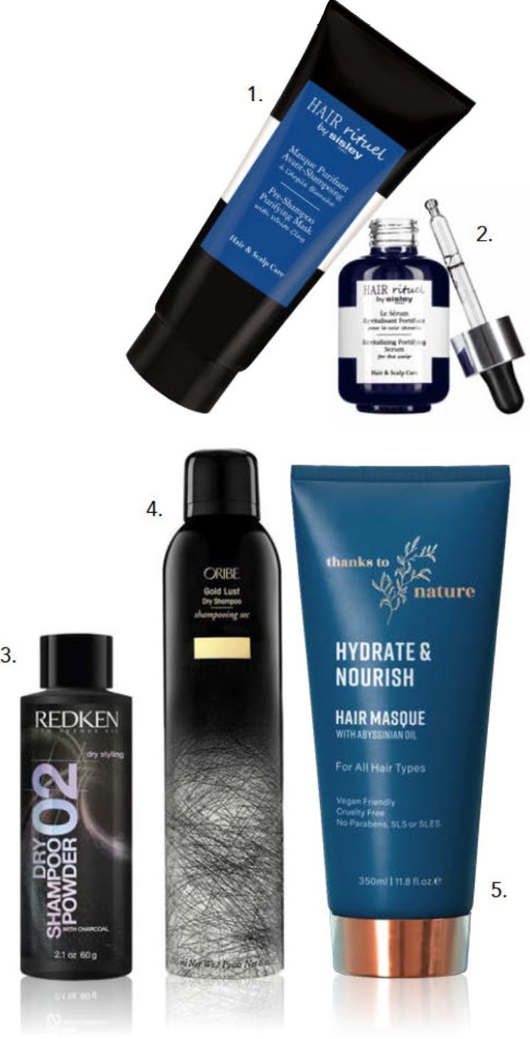 1. Sisley Hair Pre-Shampoo Purifying Mask, $130, 2. Sisley Hair Rituel Revitalizing Fortifying Seru m, $260, 3. Redken Dry Shampoo Powder with Charcoal 60g, $38, 4. Oribe Gold Dust Dry Shampoo 286 ml, $68, 5. Thanks To Nature Hydrate & Nourish Masque 350 ml, $20