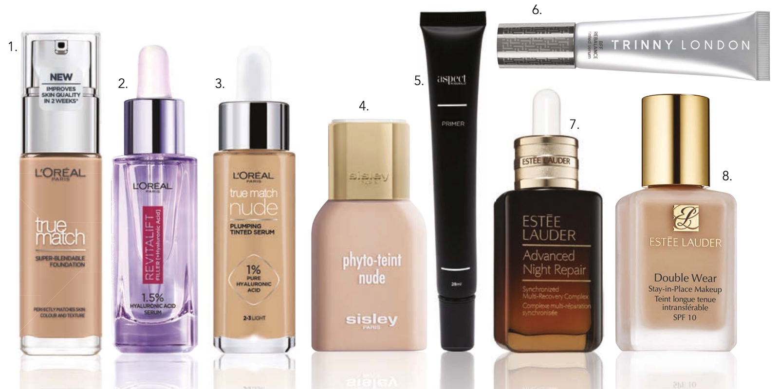 1. L’Oréal Paris True Match Foundation, $29.95, 2. L’Oréal Paris Revitalift Filler 1.5% Pure Hyaluronic Acid Serum, $44.95 30ml, 3. L’Oréal Paris True Match Hyaluronic Tinted Serum, $39.95, 4. Sisley Phyto-Teint Nude, $120, 5. Aspect Minerals Primer, $49, 6. Trinny London BFF Rebalance, $75, 7. Estée Lauder Advanced Night Repair, $159, 8. Estée Lauder Double Wear Foundation, $60