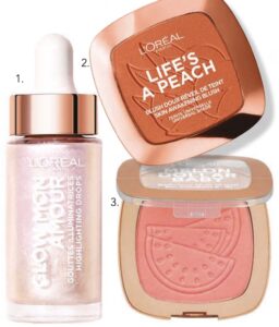 How to complement your cheekbones 1 1. L’Oréal Paris Glow Mon Amour Highlighting Drops, $29.95, 2. L’Oréal Paris Life’s a Peach Blush, $29.95, 3. L’Oréal Paris Melon Dollar Baby Blush, $29.95