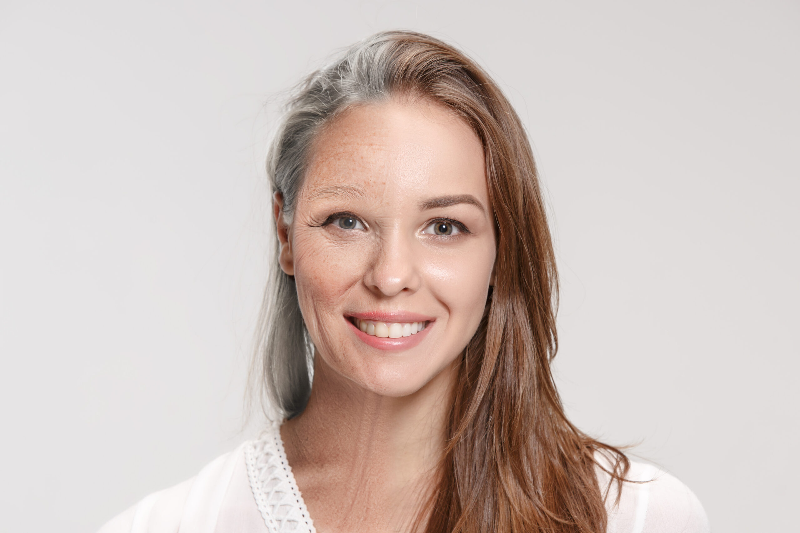 Comparison. Portrait of beautiful woman with problem and clean skin, aging and youth concept, beauty treatment and lifting. Before and after concept. Youth, old age. Process of aging and rejuvenation