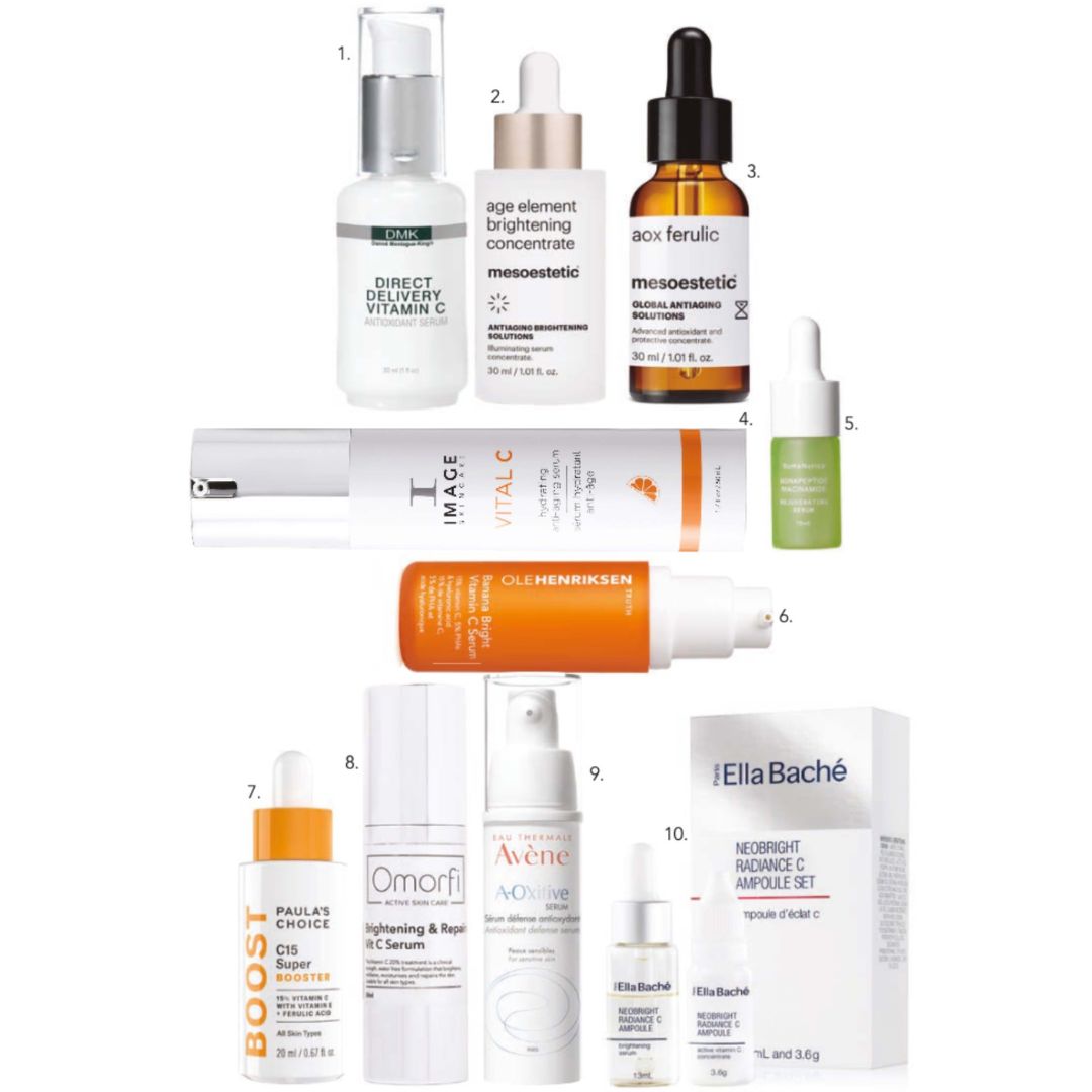 1. DMK Direct Delivery Vitamin C, $184, 2. mesoestetic age element brightening concentrate, $179, 3. mesoestetic aox ferulic, $239, 4. Image Skincare Vital C Hydrating Anti-Aging Serum, $149.95, 5. SumaNurica Nonapeptide Niacinamide Rejuvenating Serum, $169, 6. Ole Henriksen Banana Bright Vitamin C Serum, $99, 7. Paula’s Choice C15 Super Booster, $72, 8. Omorfi Brightening & Repairing Vitamin C Serum, $69, 9. Avène A-Oxitive Antioxidant Defense Serum, $59.95, 10. Ella Baché Neobright Radiance C Ampoule Set, $63