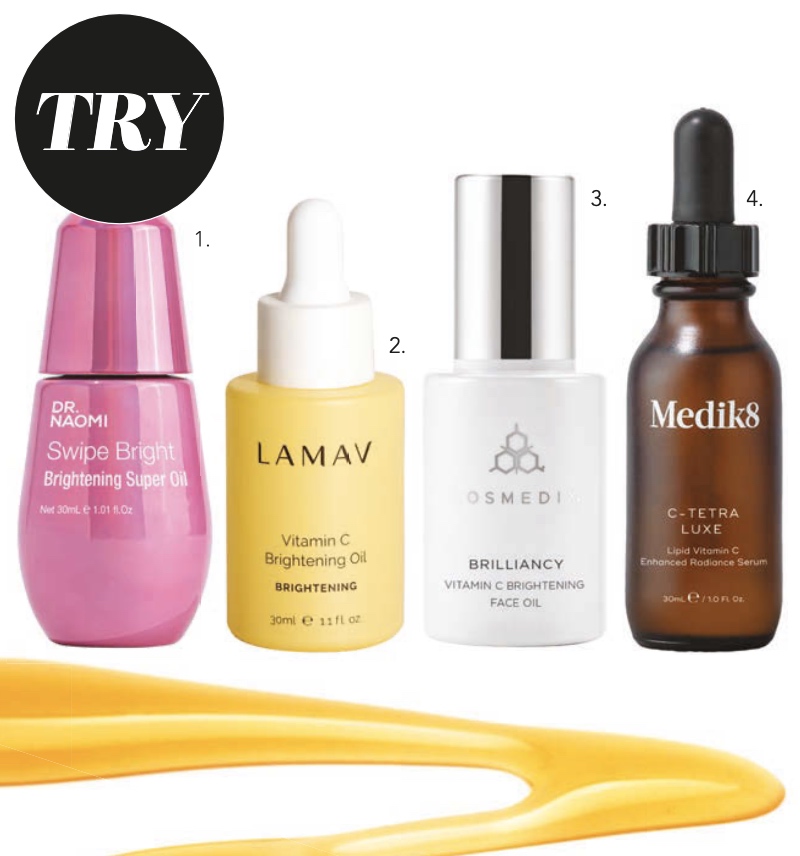 1. Dr Naomi Swipe Bright Brightening Super Oil 30ml, $139, 2. LAMAV Vitamin C Brightening Oil, $49, 3. COSMEDIX BrillianCy Vitamin C Brightening Face Oil, $165, 4. Medik8 C-Tetra Luxe, $140.