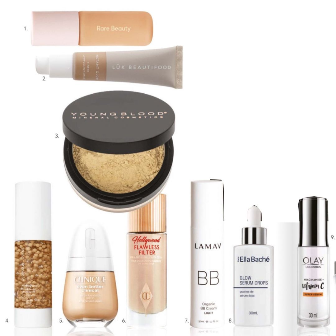 1. Rare Beauty Positive Light Tinted Moisturiser, $49, 2. Luk Beautifood Instant Glow Tinted Complexion Balm, $45, 3. Youngblood Loose Natural Mineral Foundation, $84.95, 4. Jane Iredale HydroPure Tinted Serum with Hyaluronic Acid & CoQ10, $105, 5. Clinique Even Better Clinical Serum Foundation SPF 20, $59, 6. Charlotte Tilbury Hollywood Flawless Filter, $70,