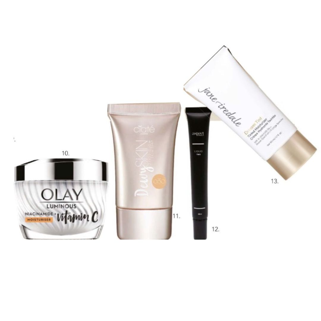 7. LAMAV BB Cream, $45, 8. Ella Baché The Glow Serum Drops 30ml, $79, 9. Olay Niacinamide + Vitamin C Super Serum, $59.99, 10. Olay Niacinamide + Vitamin C Moisturiser, $59.99, 11. Ciaté London Dewy Glass Glow Skin Tint, $52, 12. Aspect Minerals Liquid, available in 10 shades, $65, 13. Jane Iredale Dream Tint Tinted Moisturiser SPF 15, $89.