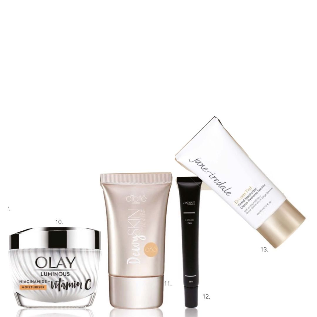 7. LAMAV BB Cream, $45, 8. Ella Baché The Glow Serum Drops 30ml, $79, 9. Olay Niacinamide + Vitamin C Super Serum, $59.99, 10. Olay Niacinamide + Vitamin C Moisturiser, $59.99, 11. Ciaté London Dewy Glass Glow Skin Tint, $52, 12. Aspect Minerals Liquid, available in 10 shades, $65, 13. Jane Iredale Dream Tint Tinted Moisturiser SPF 15, $89.