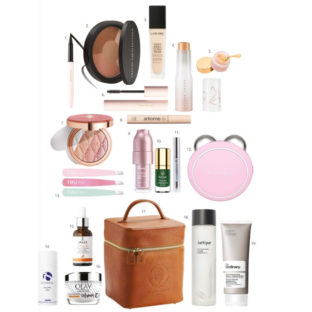 1. Rare Beauty Perfect Strokes Matte Liquid Eye Liner, $41, 2. Youngblood Mineral Cosmetics Mineral Radiance in Sundance, $79.95, 3. Lancôme Teint Idole Ultra Wear Foundation, $79, 4. Fenty Beauty Eaze Drop Blur + Smooth Tint Stick, $52, 5. Jelly Ko Gelato Glaze Lip Mask, $28, 6. Rare Beauty Perfect Strokes Universal Volumizing Mascara, $39, 7. Charlotte Tilbury Pillow Talk Multi-Glow Highlighter, $55, 8. Arbonne Elevate Mascara, $63, 9. Dr Naomi C Bright Power Vitamin C Serum 35ml, $139, 10. Ilumaé The Quartet, $132, 11. Polished London Teeth Whitening Pen, $39.99, 12. Foreo BEAR Mini, $359, 13. Truyu Mini Tweezer Trio, $10, 14. iS Clinical Eclipse All Day Moisturiser, $81, 15. IMAGE Skincare Vital C Antioxidant Hydrating ACE Serum, $129.95, 16. Olay Niacinamide + Vitamin C Moisturiser, $59.99, 17. Santa Maria Novella Leather Top Box, $523, 18. Jurlique Activating Water Essence+ 150ml, $83, 19. The Ordinary Natural Moisturizing Factors + PhytoCeramides 100ml, 35.50