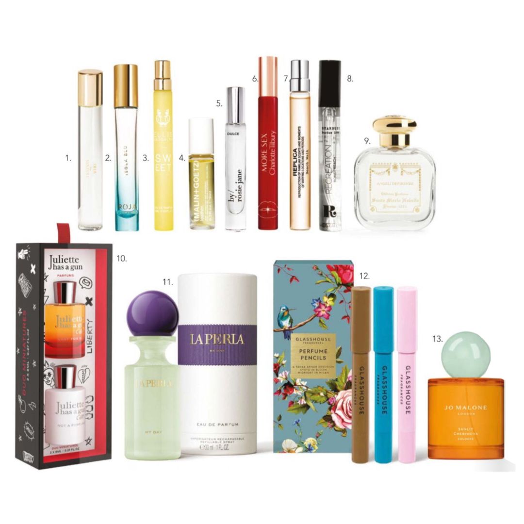 1. Trudon Vixi EDP 15ml, $79, 2. Roja London Isola Blu Parfum 10ml, $149, 3. Ellis Brooklyn Sweet EDP 10ml, $57, 4. Malin+Goetz Leather Perfume Oil 9ml, $62, 5. by/ rosie jane Dulce EDP travel size, $46, 6. Charlotte Tilbury More Sex 10ml, $40, 7. Maison Margiela Replica Beach Walk EDT 10ml, $53, 8. Recreation Beauty Stardust EDP 12ml, $49, 9. Santa Maria Novella Angeli di Firenze 1221 50ml, $155, 10. Juliette Has A Gun The Duo Miniatures 2 x 8ml, $55, 11. La Perla My Day 30ml, $169, 12. Glasshouse Fragrances Limited Edition Perfume Pencils, $44.95, 13. Jo Malone London Limited Edition Sunlit Cherimoya Cologne 50ml, $180