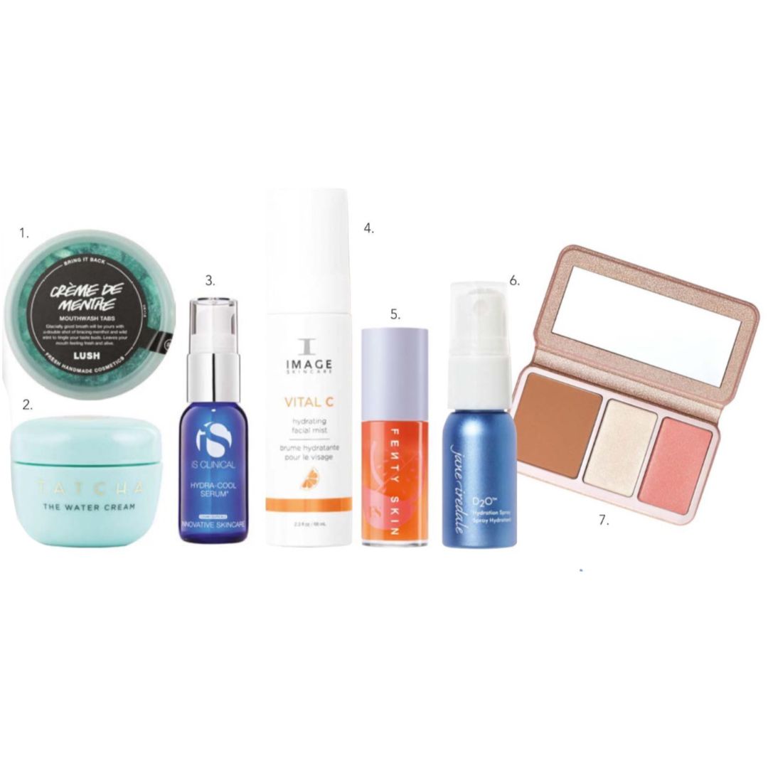 1. Lush Creme de Menthe Mouthwash Tabs, $17, 2. Tatcha The Water Cream Travel Size, $39, 3. iS Clinical Hydra-Cool Serum 30ml, $165, 4. IMAGE Skincare Vital C Hydrating Facial Mist, $76.95, 5. Fenty Skin Melon Treat Hydrating + Strengthening Lip Oil in Kalahari Melon, $36, 6. jane iredale D2O Hydration Spray Mini 12ml, $22, 7. Anastasia Beverly Hills All-In-One Face Palette in Italian Summer, $92