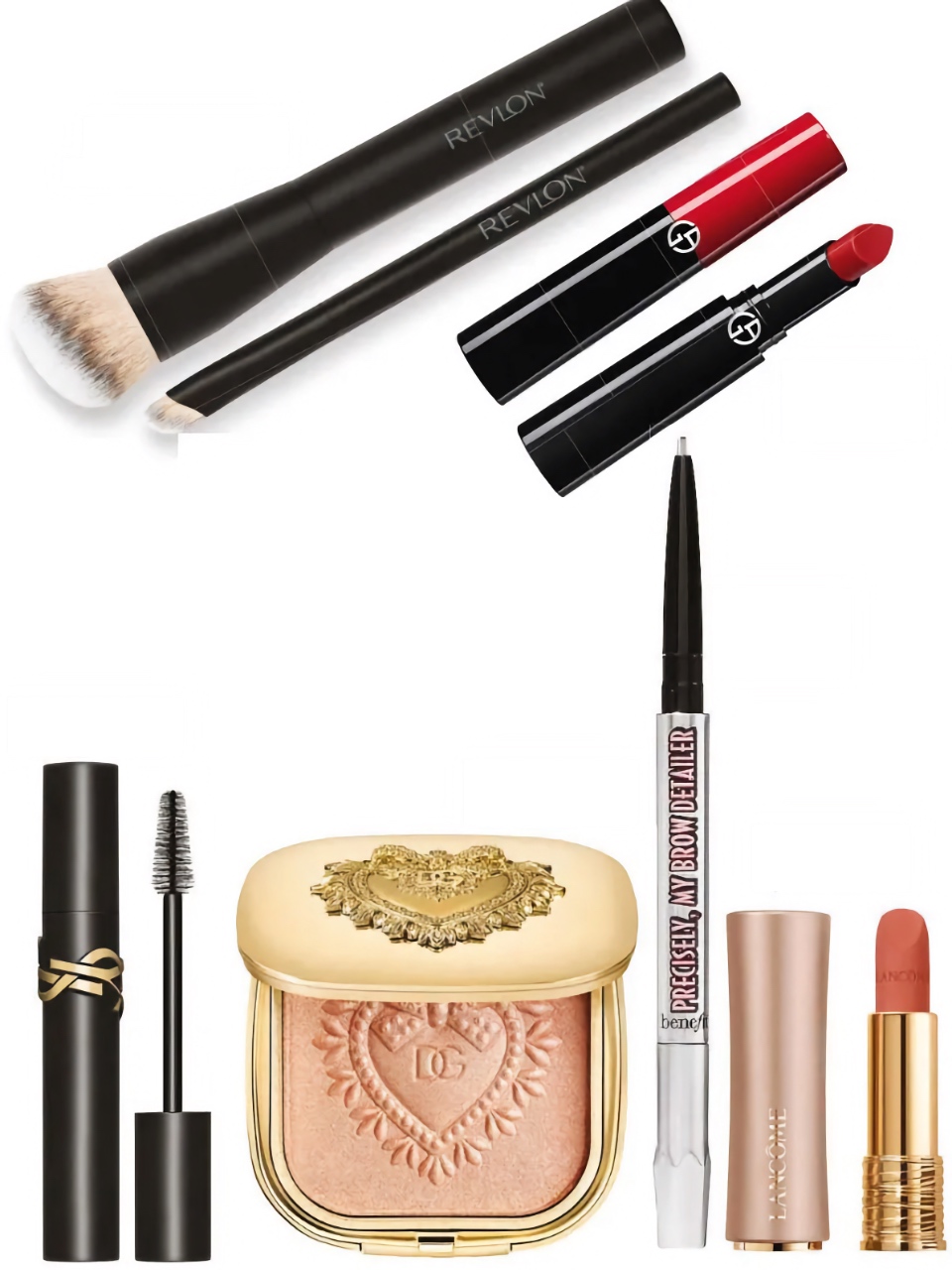 Clockwise from top: Revlon Foundation Brush, $24.95 and Revlon Line & Brow Brush $14.95. Armani Lip Power Lipstick $69. Lancôme Intimatte Blushing Nudes Lipstick, $65. Benefit Precisely, My Brow Detailer, $42. Dolce & Gabbana Devotion Illuminante Viso, $86. YSL Lash Clash Mascara $65