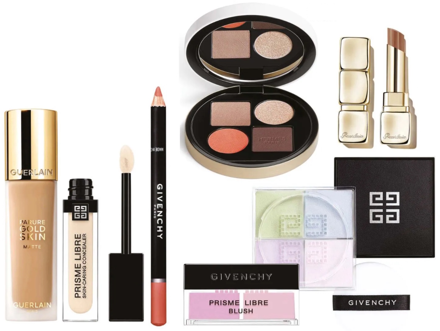 Guerlain Parure Gold Fluid Foundation, $137. Givenchy Prisme Libre Skin-Caring Concealer, $67. Givenchy Lip Pencil, $45. Givenchy Prisme Libre Blush, $89. Hermes Ombres D’Hermes Eye Shadow Quartet, $175. Guerlain KissKiss Shine Bloom Lipstick, $67. Givenchy Prisme Libre Loose Powder, $108.