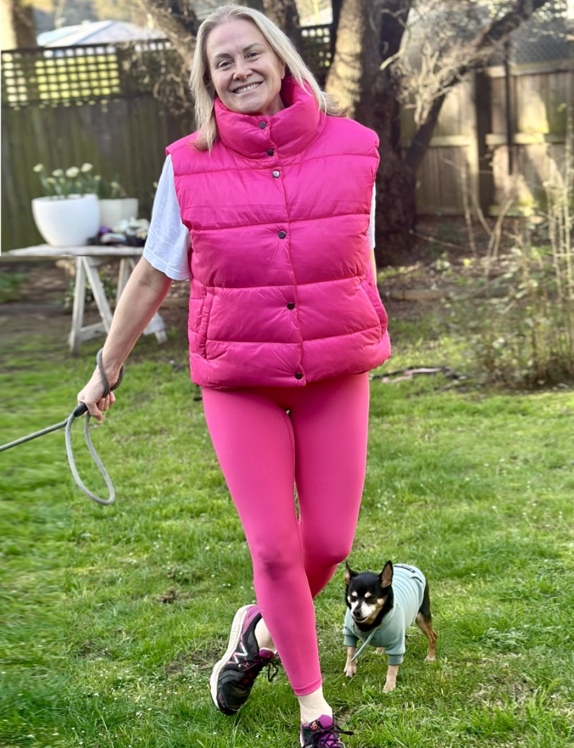 Shonagh modelling puffer vest and leggings
