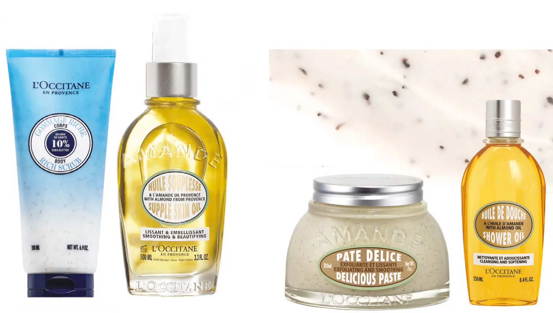 The-rise-of-body-care-products-1 L’Occitane Shea Butter Ultra Rich Body Scrub, $52. L’Occitane Supple Skin Oil, $75. L’Occitane Almond Exfoliating Delicious Paste, $65. L’Occitane Almond Shower Oil, $39