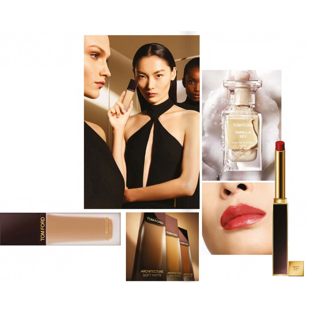 Tom Ford Beauty Architecture Soft Matte Blurring Foundation, $190, Tom Ford Vanilla Sex, 50ml EDP, $570, Tom Ford Beauty Slim Lip Shine, $70